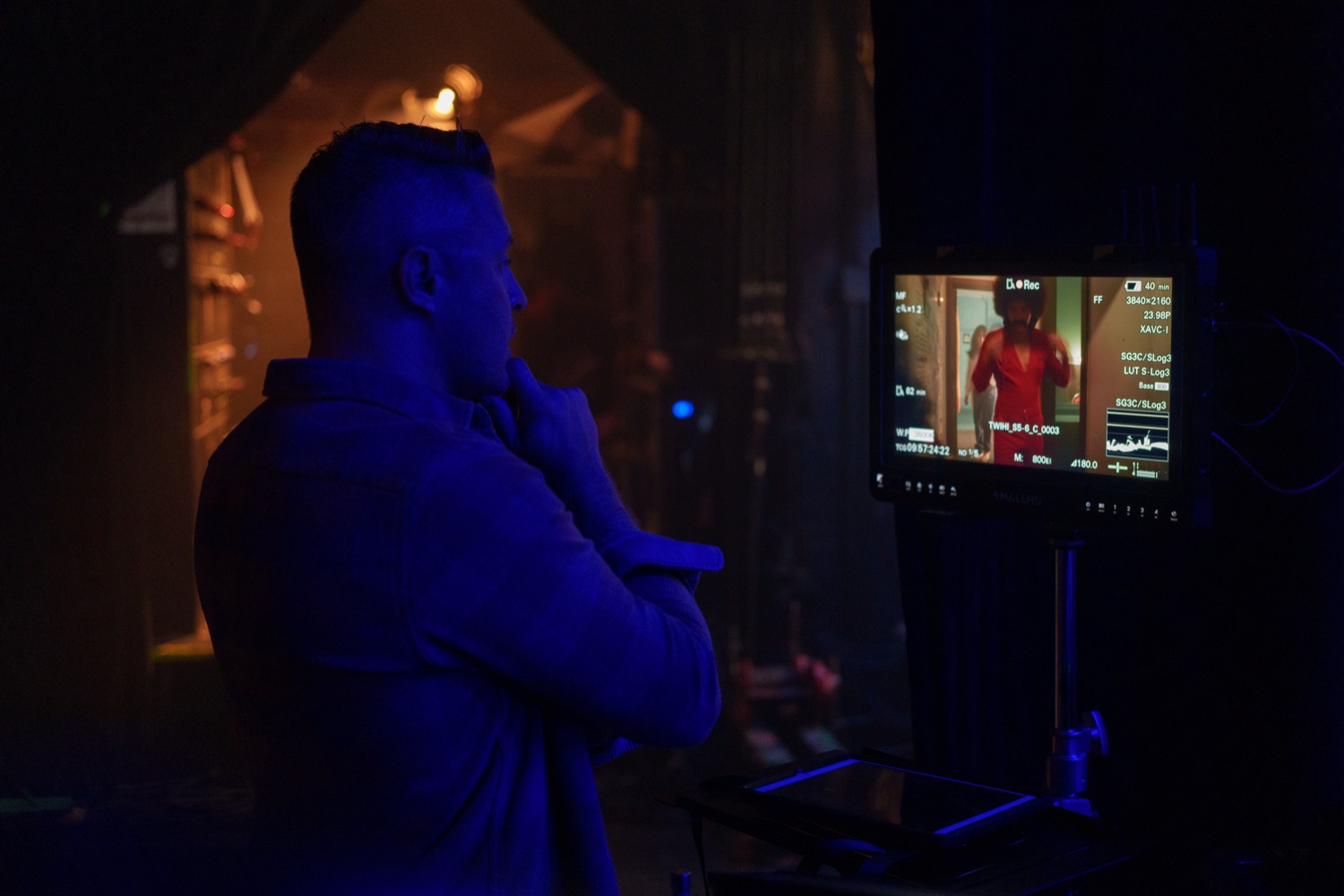 Jonathan Coussens watching a take at the monitor.